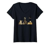 Women's Vintage Gothic Cat Illustration -Celestial Black & Tabby V-Neck T-Shirt