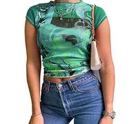 Women's Vintage Graphic Print Y2k Crop Top Summer O Neck Short Sleeve Kawaii T-Shirt E Girls Y2k T-Shirts Streetwear - Beige - S
