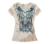 Women's Vintage Graphic Y2K Style Fitted V Neck Top Wing Print Retro 2000s Tops, style_q01 pink, S