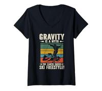 Women's Vintage Gravity is A Myth The Earth Sucks Ski Freestyle V-Neck T-Shirt
