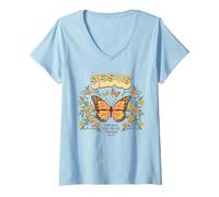 Womens Vintage Groovy Butterfly Flowers Religious Christian Jesus V-Neck T-Shirt