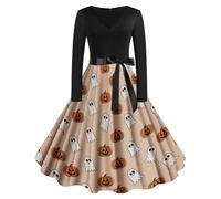 Women's Vintage Halloween Dress Black Skull Pumpkin A Line | Long sleeve swing dress with retro ribbon waist, ideal for novelty costume parties & trick-or-treat nights.