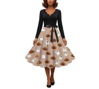 Women's Vintage Halloween Dress Black Skull Pumpkin A Line | Long sleeve swing dress with retro ribbon waist, ideal for novelty costume parties & trick-or-treat nights.