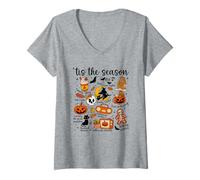 Womens Vintage Halloween Patchwork Autumn Doodles 'Tis The Season V-Neck T-Shirt