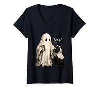 Women's Vintage Halloween Spooky Ghost with Black Cat and Book V-Neck T-Shirt