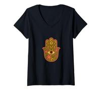 Womens Vintage Hamsa Hand Eye of God Protection Symbol V-Neck T-Shirt