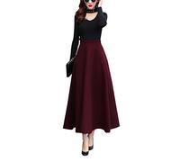 Women's Vintage High Waist Long Skirt A-line Fall/Winter Elegant Solid Wool Midi Skirt Wine red 3XL