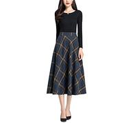 Women's Vintage High Waist Plaid Wool Midi Skirt A-line Fall Winter Elegant Long Skirt Dark Blue M