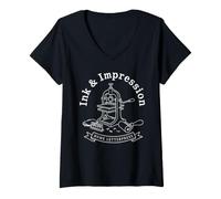 Women's Vintage Home Letterpress Machine Printmaking V-Neck T-Shirt