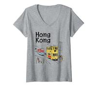 Womens Vintage Hong Kong Street Scene Cable Car City's Landmarks HK V-Neck T-Shirt