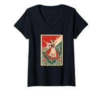 Women's Vintage Hungary Flag Stamp Hungarian Folk Dancer Design V-Neck T-Shirt