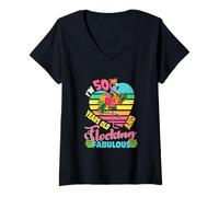 Women's Vintage I'm 50 Years Old and Flocking Fabulous Cute Flamingo V-Neck T-Shirt