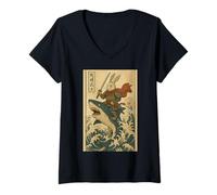 Womens Vintage Japanese Anime Bunny Rabbit Samurai Riding Shark V-Neck T-Shirt