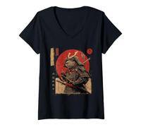 Women's Vintage Japanese Art Anime Graphic Samurai Capybara Warrior V-Neck T-Shirt