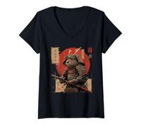 Women's Vintage Japanese Art Anime Graphic Samurai Capybara Warrior V-Neck T-Shirt