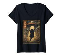 Women's Vintage Japanese Cat UFO Abduction Ukiyo-e Alien Cat V-Neck T-Shirt