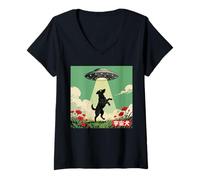 Womens Vintage Japanese Dog Aliens UFO V-Neck T-Shirt