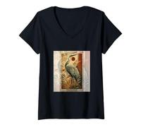 Womens Vintage Japanese Fine Art Crane Bamboo and Iris Japan V-Neck T-Shirt