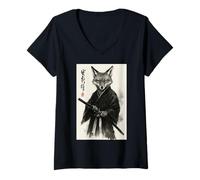 Women's Vintage Japanese Ink Brush Sumi-e Samurai Fox V-Neck T-Shirt