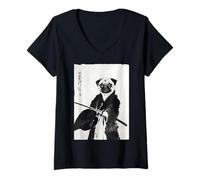 Women's Vintage Japanese Ink Wash Art Bushido Warrior Dog Breed Pug V-Neck T-Shirt