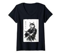 Women's Vintage Japanese Ink Wash Art Martial Arts Samurai Husky V-Neck T-Shirt