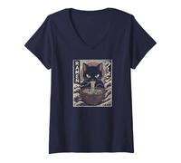 Women's Vintage Japanese Ramen Noodle Kitten Anime Graphic V-Neck T-Shirt