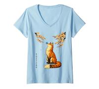 Women's Vintage Japanese Sakura Red Kitsune Fox with Butterfly Haiku V-Neck T-Shirt