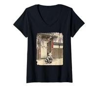 Women's Vintage Japanese Sumi-e Samurai Cool-Looking Cat Art V-Neck T-Shirt