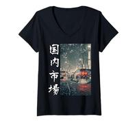 Womens Vintage JDM Drift Race Cars Tokyo Street Night Scene V-Neck T-Shirt