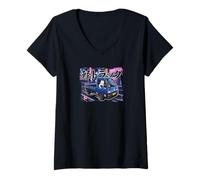 Women's Vintage JDM Kei Truck Cat Drift Art V-Neck T-Shirt