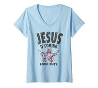 Womens Vintage Jesus Is Coming, Look Busy 1992 V-Neck T-Shirt
