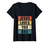 Womens Vintage Jesus Loves You Bro Christian Faith Men Women Retro V-Neck T-Shirt