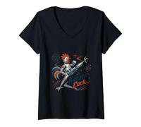 Women's Vintage Karate Cock Robot Rooster Retro Atomic Kick Fighter V-Neck T-Shirt