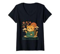 Womens Vintage Kawaii Cat Japanese Style V-Neck T-Shirt