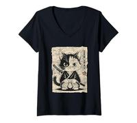 Womens Vintage Kawaii Samurai Ninja Cat Japanese Anime Aesthetic V-Neck T-Shirt