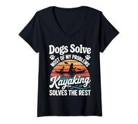 Women's Vintage Kayaker Paddle Dogs Kayak V-Neck T-Shirt