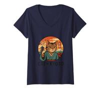 Womens Vintage Kimono Cat from Ancient Kyoto V-Neck T-Shirt