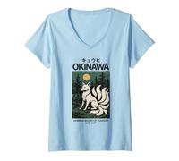 Womens Vintage Kitsune Art Okinawa Asia Tourism Japanese Fox Poster V-Neck T-Shirt