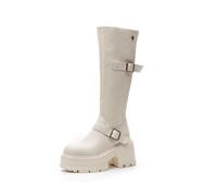 Women's Vintage Knee-high Boots with Chunky Heel - Waterproof Leather Slim-fit Boots for Autumn Winter, Slip-Resistant, Back Zipper & Belt Design for Fashion Motorcycle Riding Beige