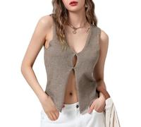 Womens Vintage Knittd Tank Y2k Vest Crop Top Sleeveless V-Neck Open Front Button Crochet Knit Vests Versatile Tops, A-khaki, M