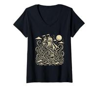 Womens Vintage Kraken Attacking Pirate Ship Nautical Sea Monster V-Neck T-Shirt