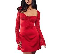 Women's Vintage Lace Patchwork A-line Dress, Long Sleeves, Ruffled, Square Neck, Short Dress, Deep Neck, Smocked Bodycon Mini Dress, red, XL