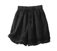 Womens Vintage Lace Trim Linen Shorts, Elastic High Waist Retro Design, Lightweight Breathable Summer Casual Shorts with Pockets for Beach & Holiday