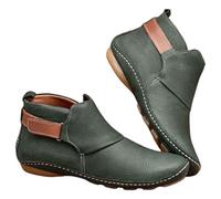 Women's Vintage Leather Boots Flat Shoes Winter Round Toe Boots Costume Boots (Green, 6.5)