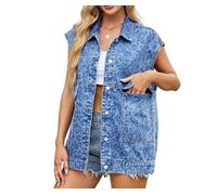 Women's Vintage Leopard Denim Vest Jacket Oversized Button Down Jean Waistcoat Gilet