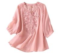 Women's Vintage Linen Cotton Embroidered Shirt V Neck Slimming Solid Color 3/4 Sleeve Top Tees Shirts Women (Red, XXXL)