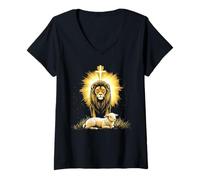 Womens Vintage Lion And Lamb Cross Jesus Religious Faith Christian V-Neck T-Shirt