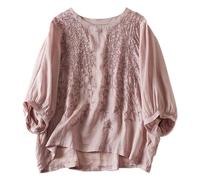 Women's Vintage Literary Boho Loose Fit Solid Color Embroidered Five Quarter Sleeve Top Casual Cotton Linen Round Neck Tunic Blouse plus Size Ladies Tee Shirts (Red, XL)