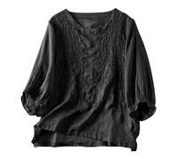 Women's Vintage Literary Boho Loose Fit Solid Color Embroidered Five Quarter Sleeve Top Casual Cotton Linen Round Neck Tunic Blouse plus Size Ladies Tee Shirts (Black, XL)