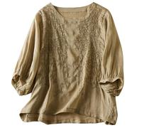 Women's Vintage Literary Boho Loose Fit Solid Color Embroidered Five Quarter Sleeve Top Casual Cotton Linen Round Neck Tunic Blouse plus Size Ladies Tee Shirts (Khaki, M)